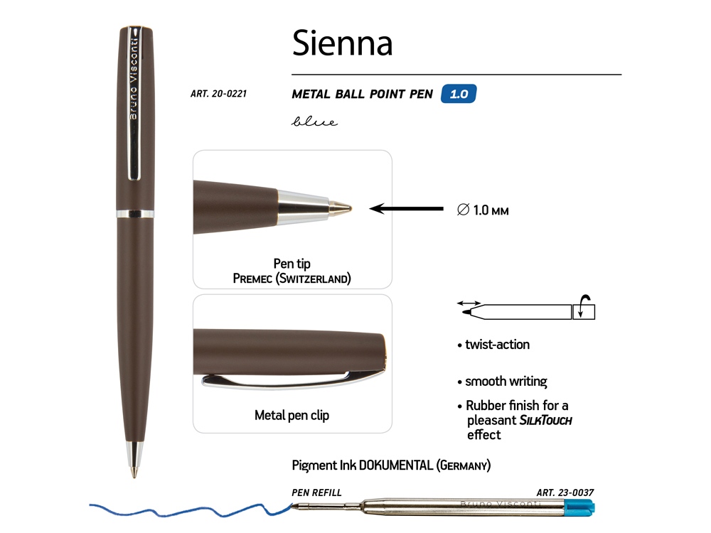 Ручка "Sienna" шариковая  автоматическая, коричневый металлический корпус, 1.0 мм, синяя